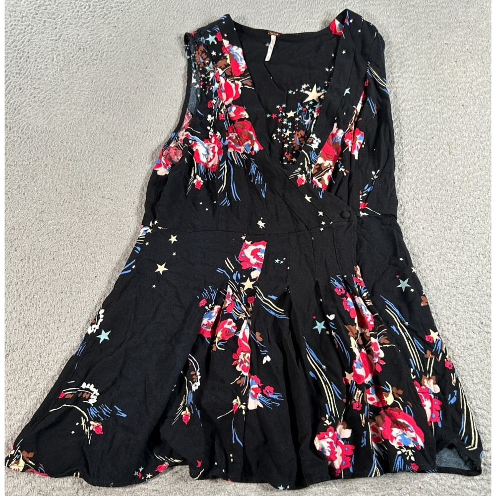 Free People Back to Basic Blouse Women's Small‎ Black Floral Wrap Tunic Top Boho